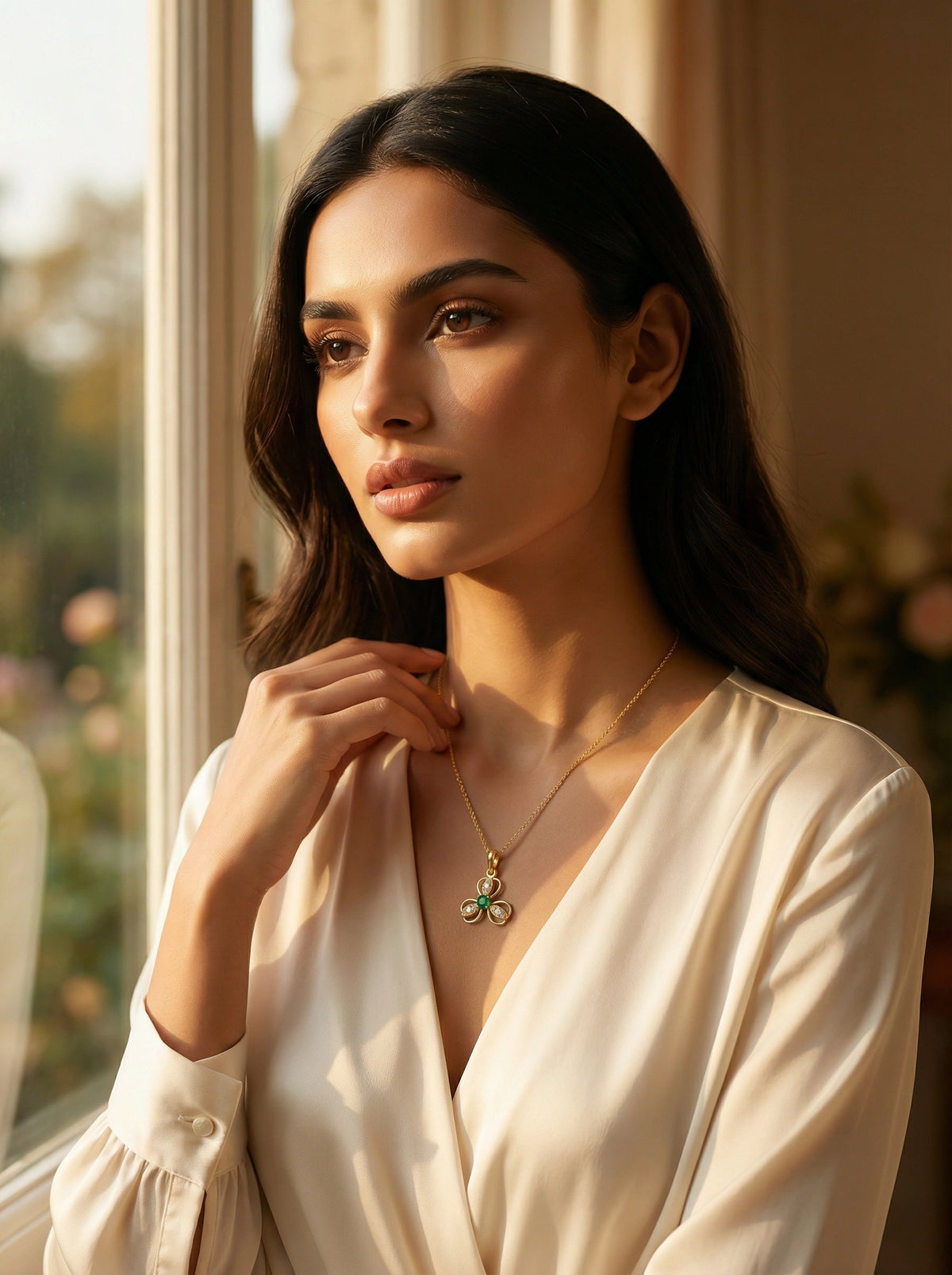 woman wearing 18k gold plated  necklace with a green pendant indoors