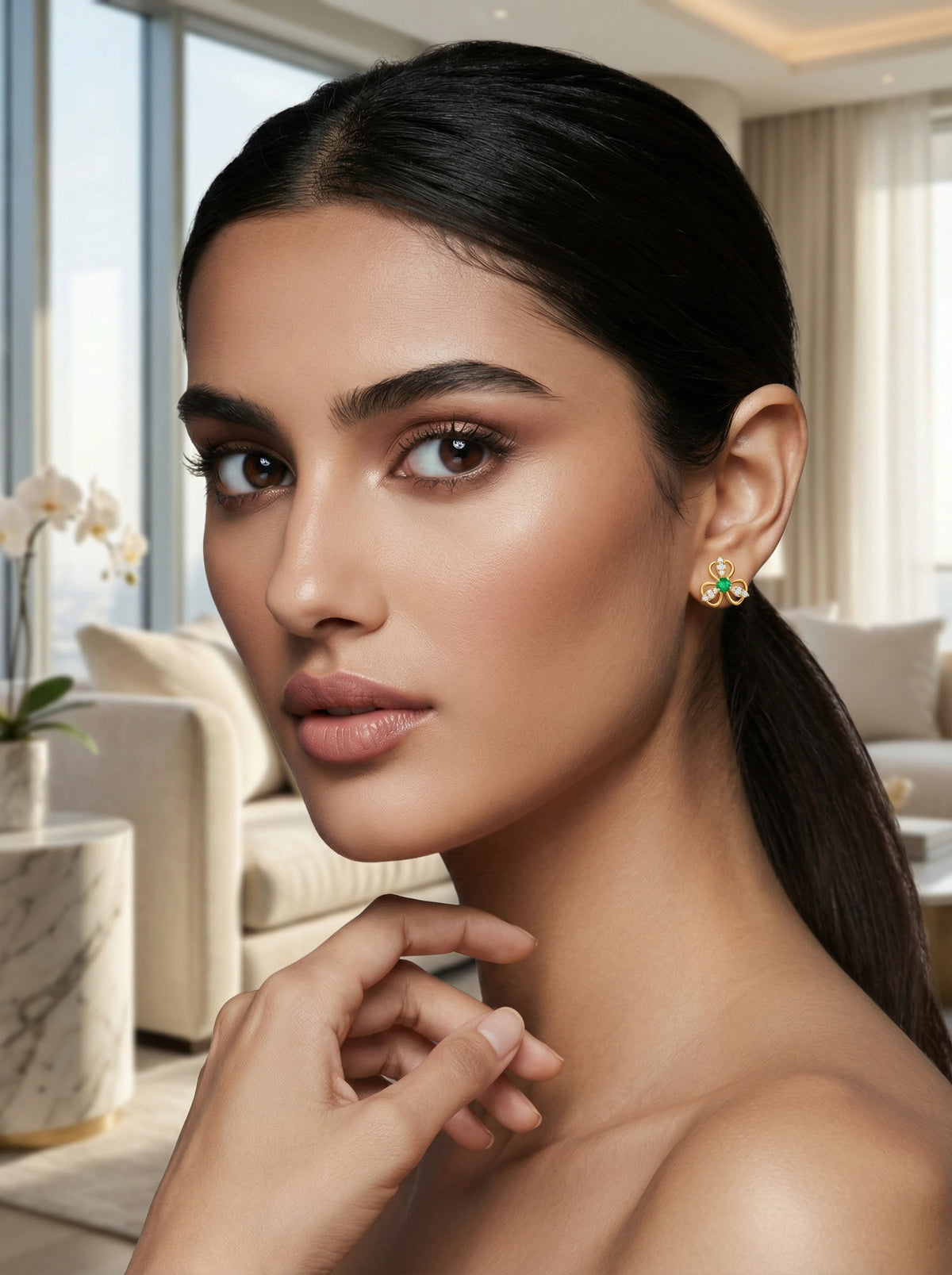 woman wearing 18k gold plated earrings in a well-lit room