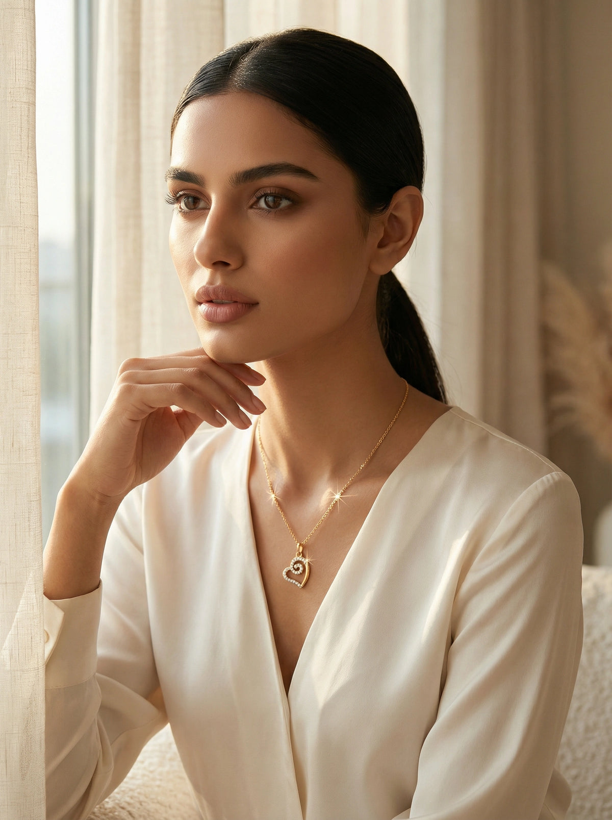 woman wearing a heart-shaped 18k  gold plated necklace in a softly lit room