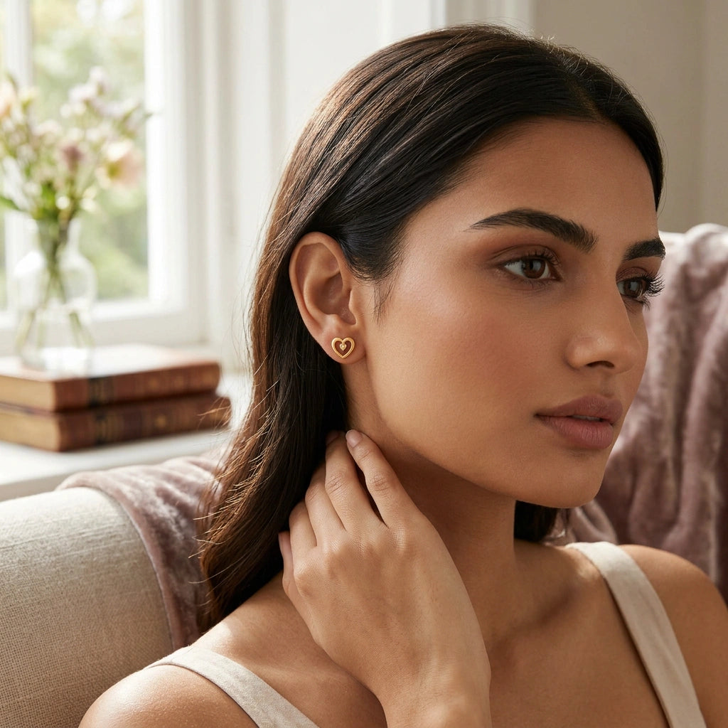woman wearing a heart-shaped 18k gold plated earring in a cozy indoor setting