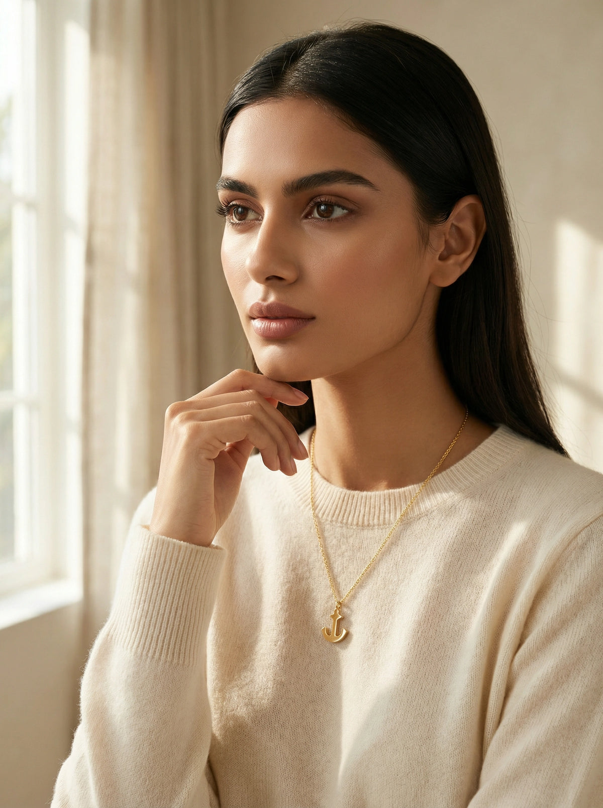 woman wearing a beige sweater and 18k gold plated necklace in a softly lit room.