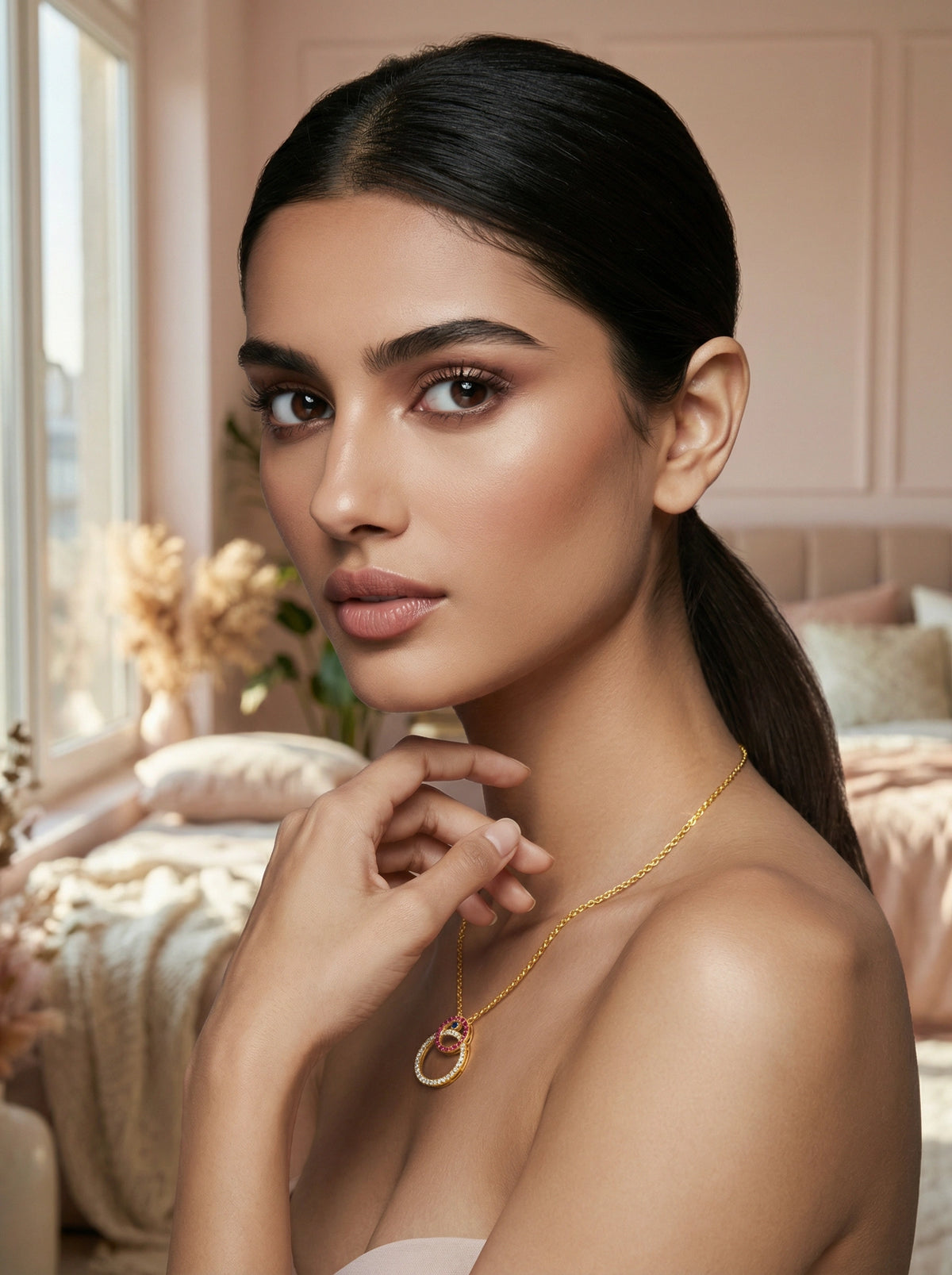 woman wearing a 18k gold plated necklace in a softly lit room