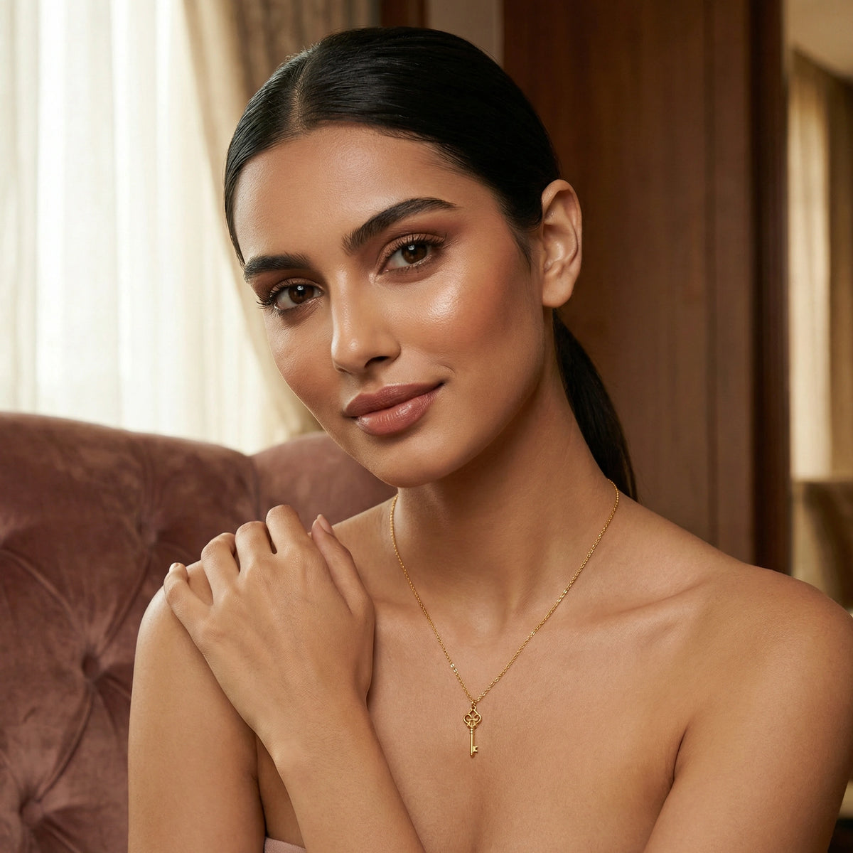 woman wearing a 18k gold plated necklace in a warm-toned room