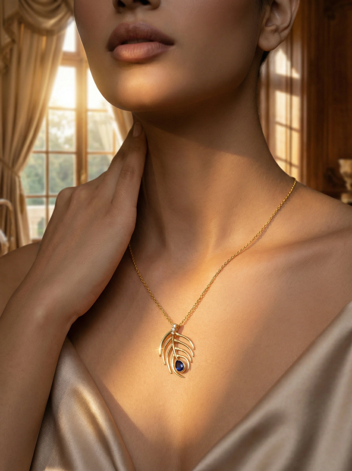 woman wearing a 18k gold plated necklace with a blue gemstone in a warm, softly lit room.