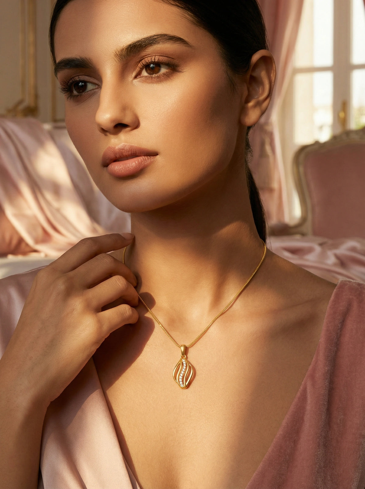 woman wearing a 18k gold plated necklace in a softly lit room