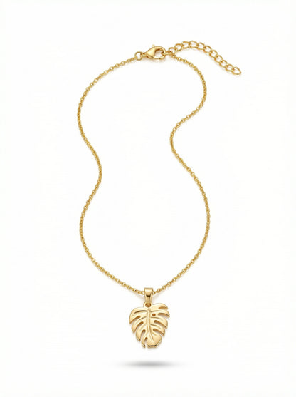 18k Gold plated necklace with a leaf pendant on a white background