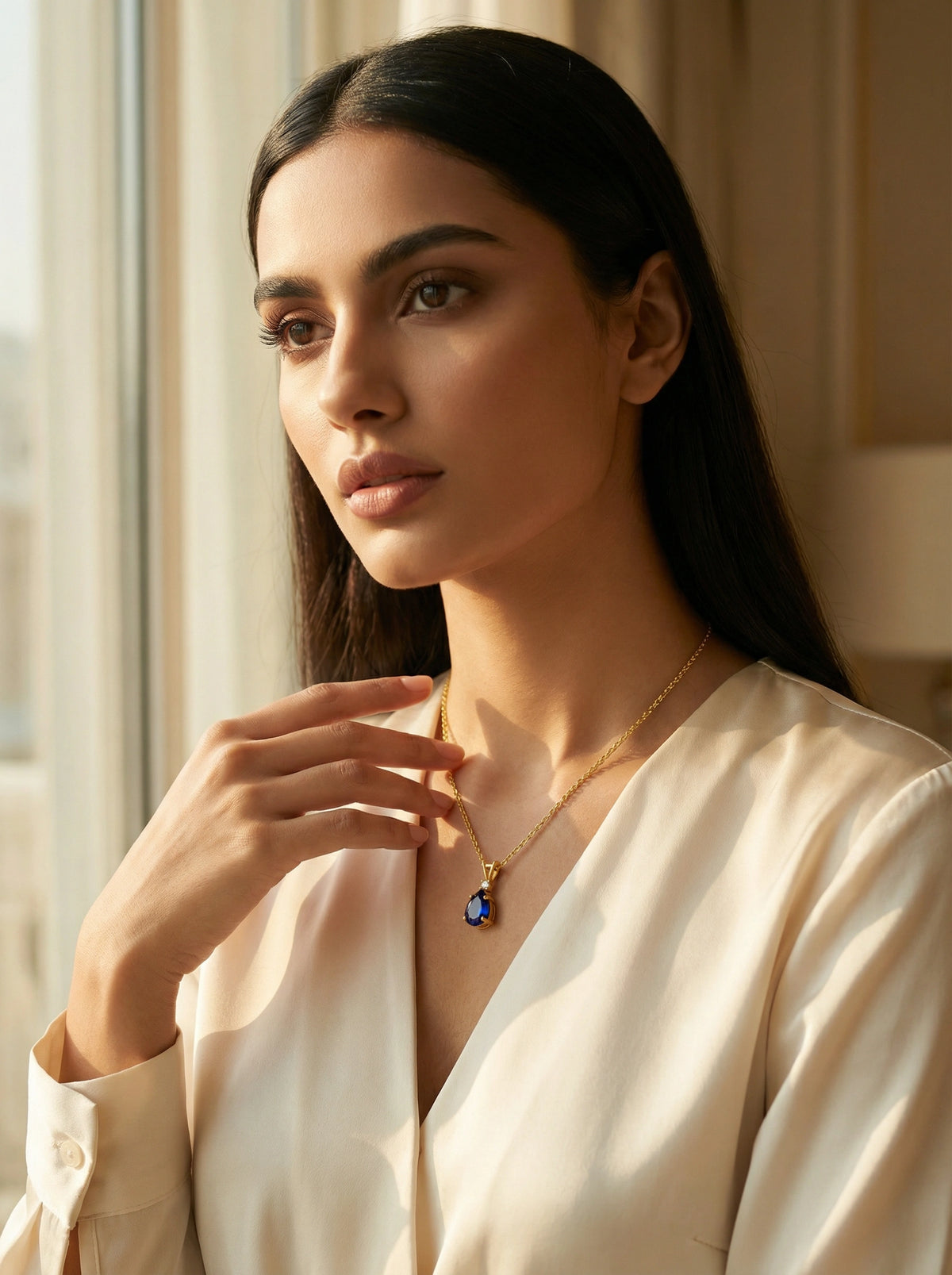 woman wearing a 18k gold plated necklace with a blue gemstone in a softly lit room.
