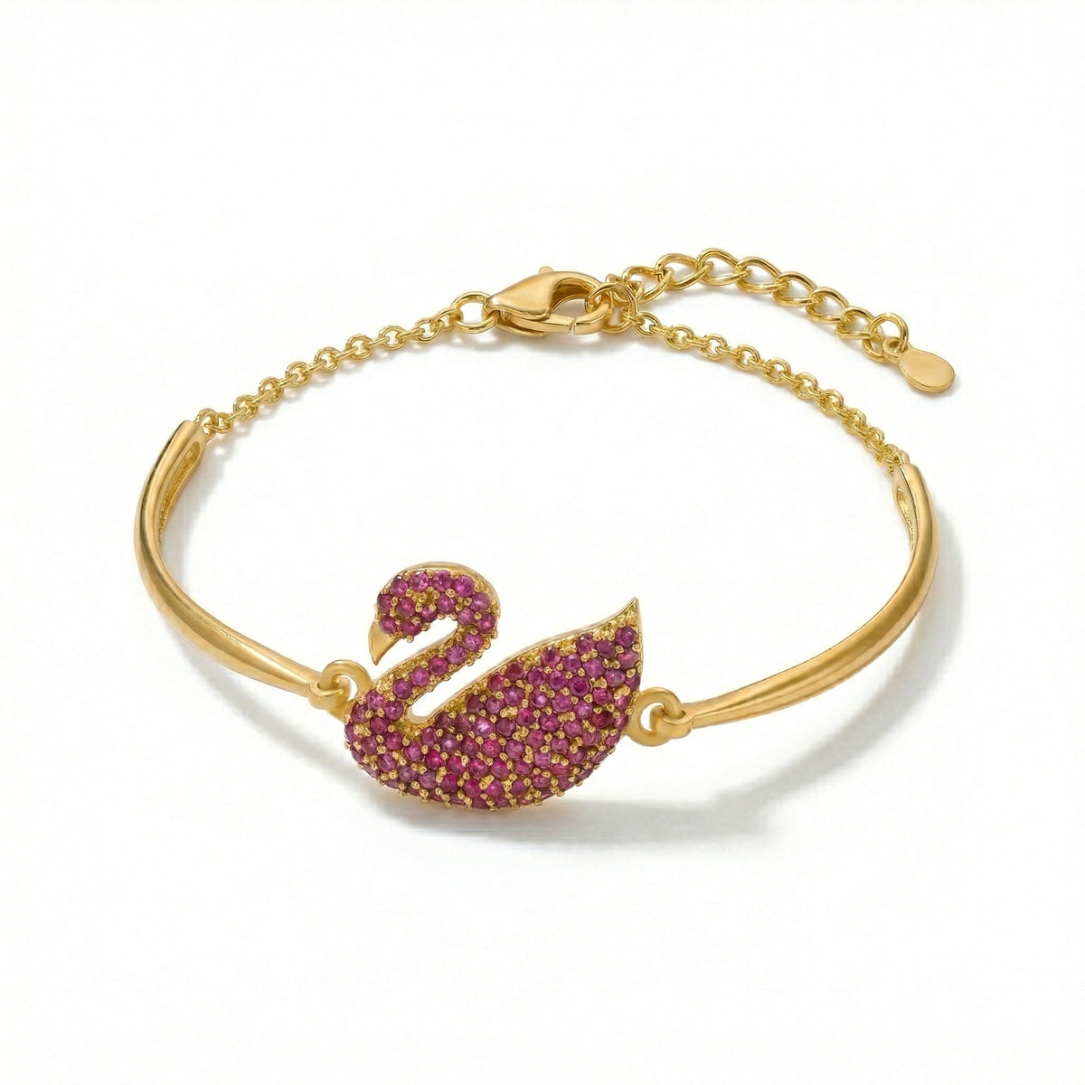 18k Gold  plated bracelet with a pink swan charm on a white background