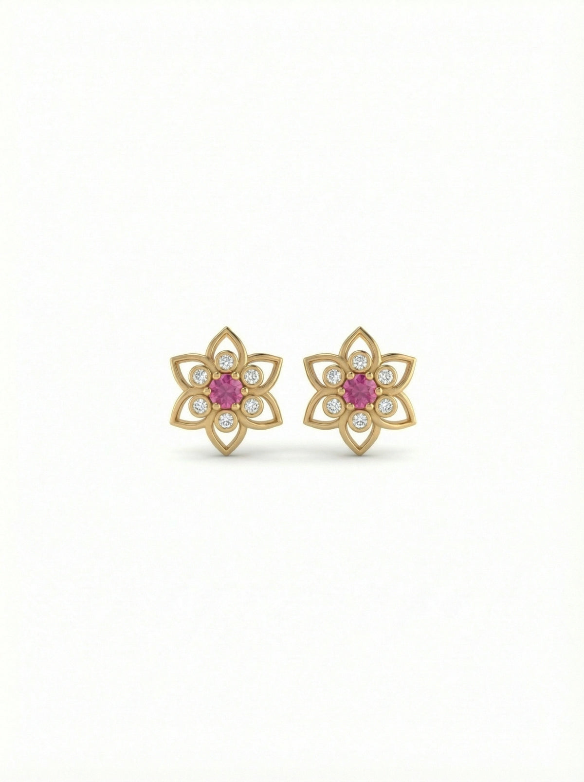 18k gold plated flower-shaped earrings with pink gemstones on a white background