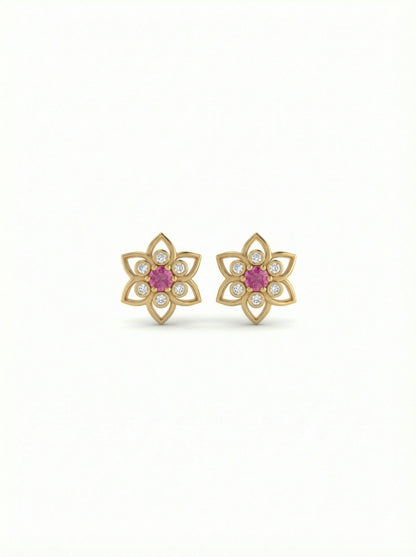 18k Gold plated flower-shaped earrings with pink gemstones on a white background