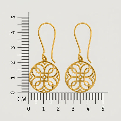 18k Gold plated earrings with intricate designs on a white background with a ruler for scale.