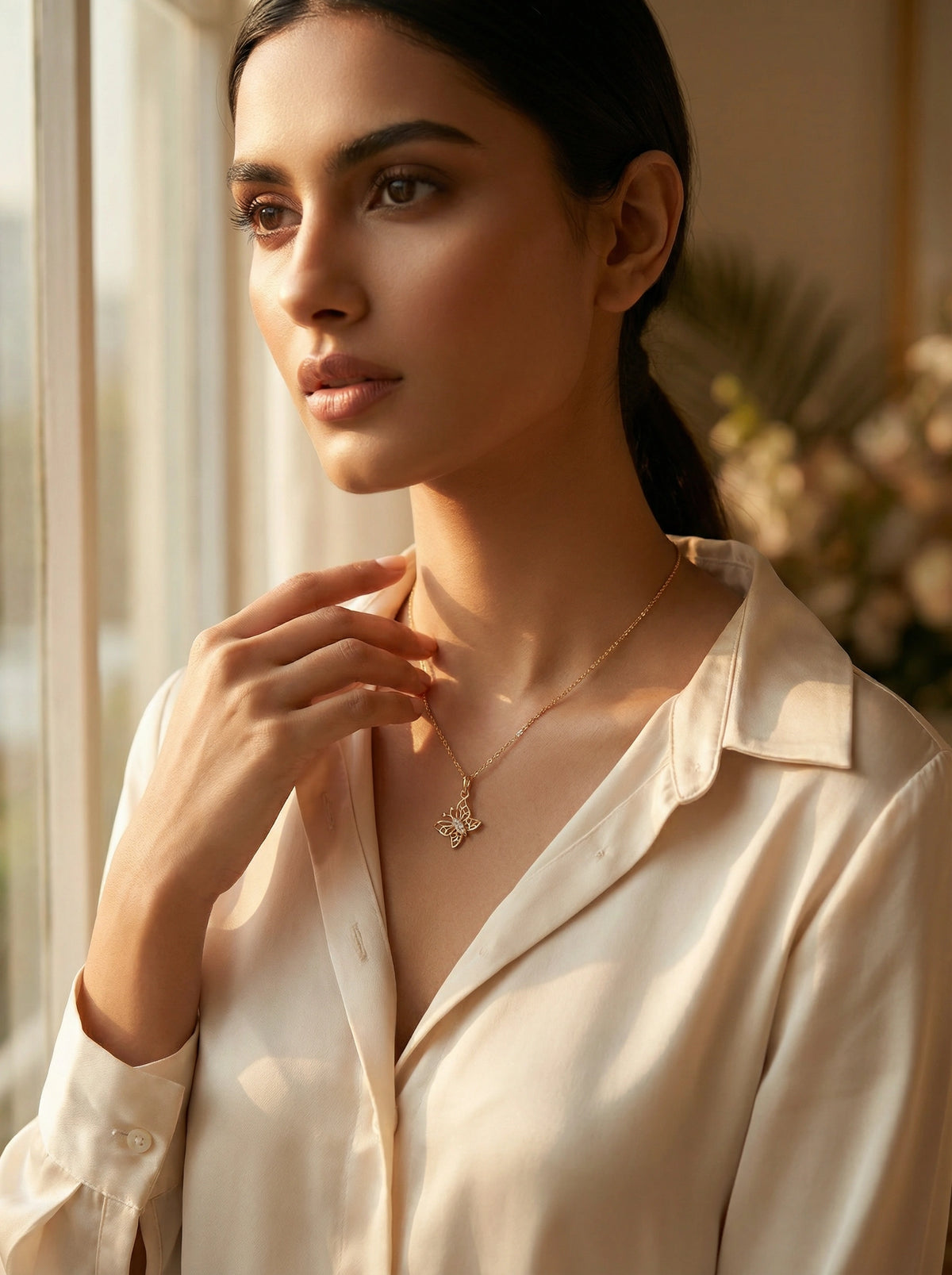 woman wearing 18k gold plated  necklace in a softly lit room with a window in the background