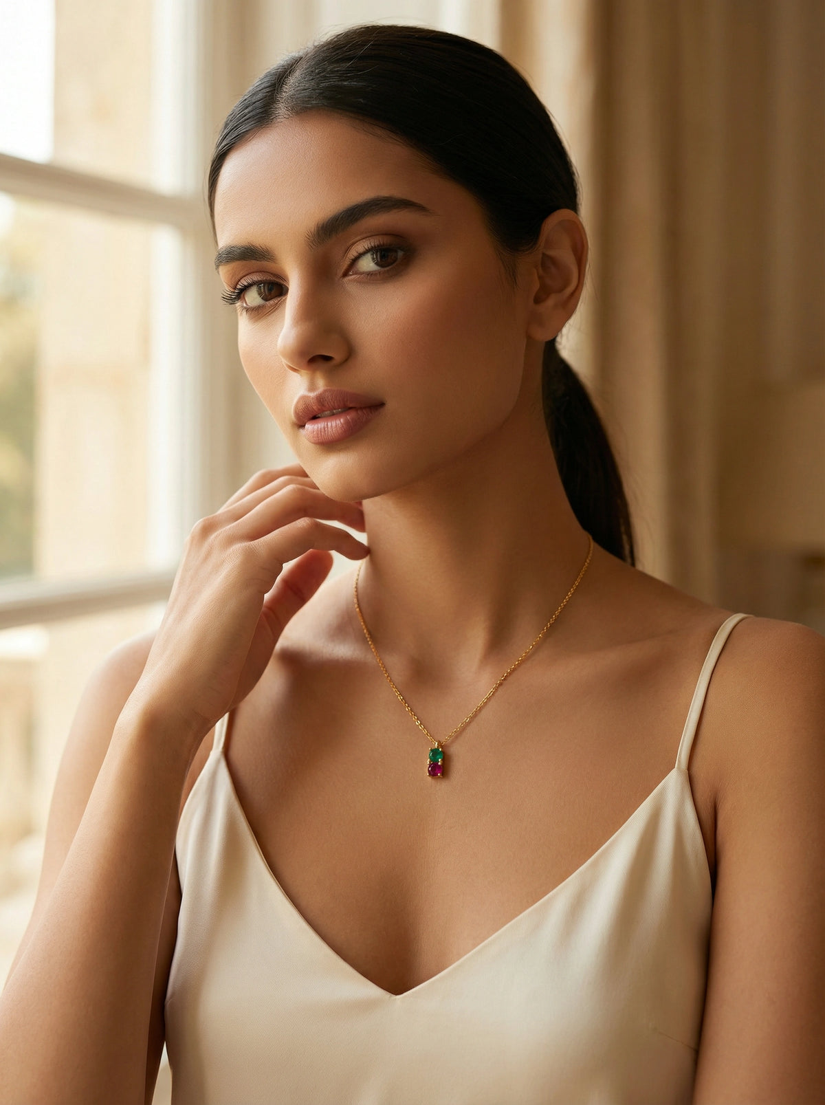 woman wearing a 18k gold plated necklace with a colorful pendant in a softly lit room.