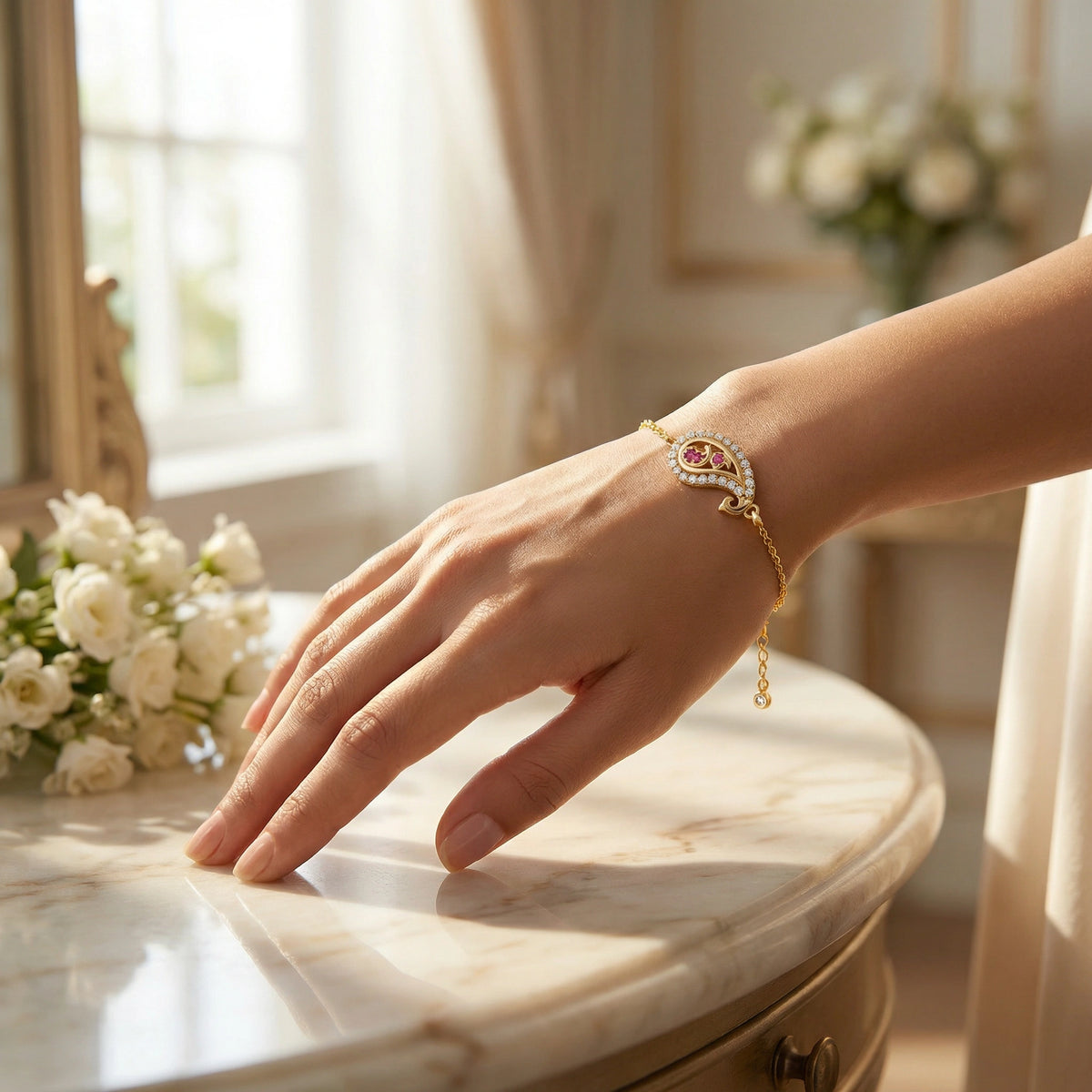 hand wearing 18k gold plated  bracelet on a marble surface with flowers in the background