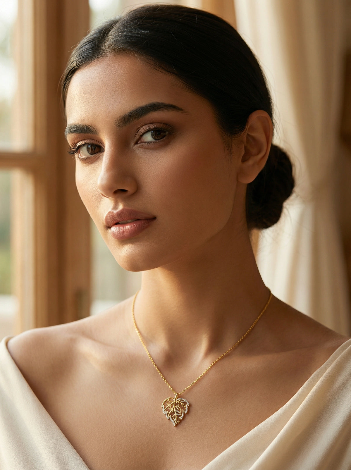 woman wearing a 18k  gold plated  necklace with a heart pendant in a softly lit room.