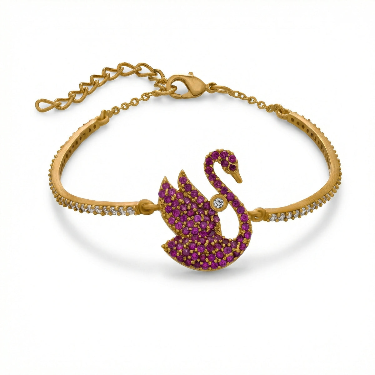 18k gold plated  bracelet with a swan design featuring purple stones on a white background