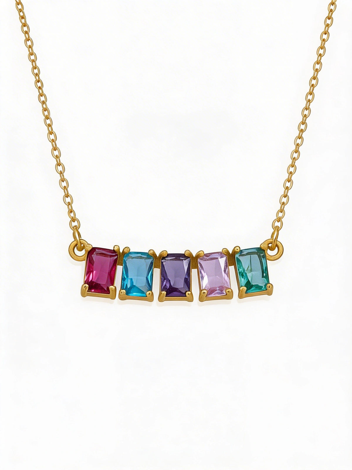 Necklace 18k gold plated  with multicolored gemstones on a white background