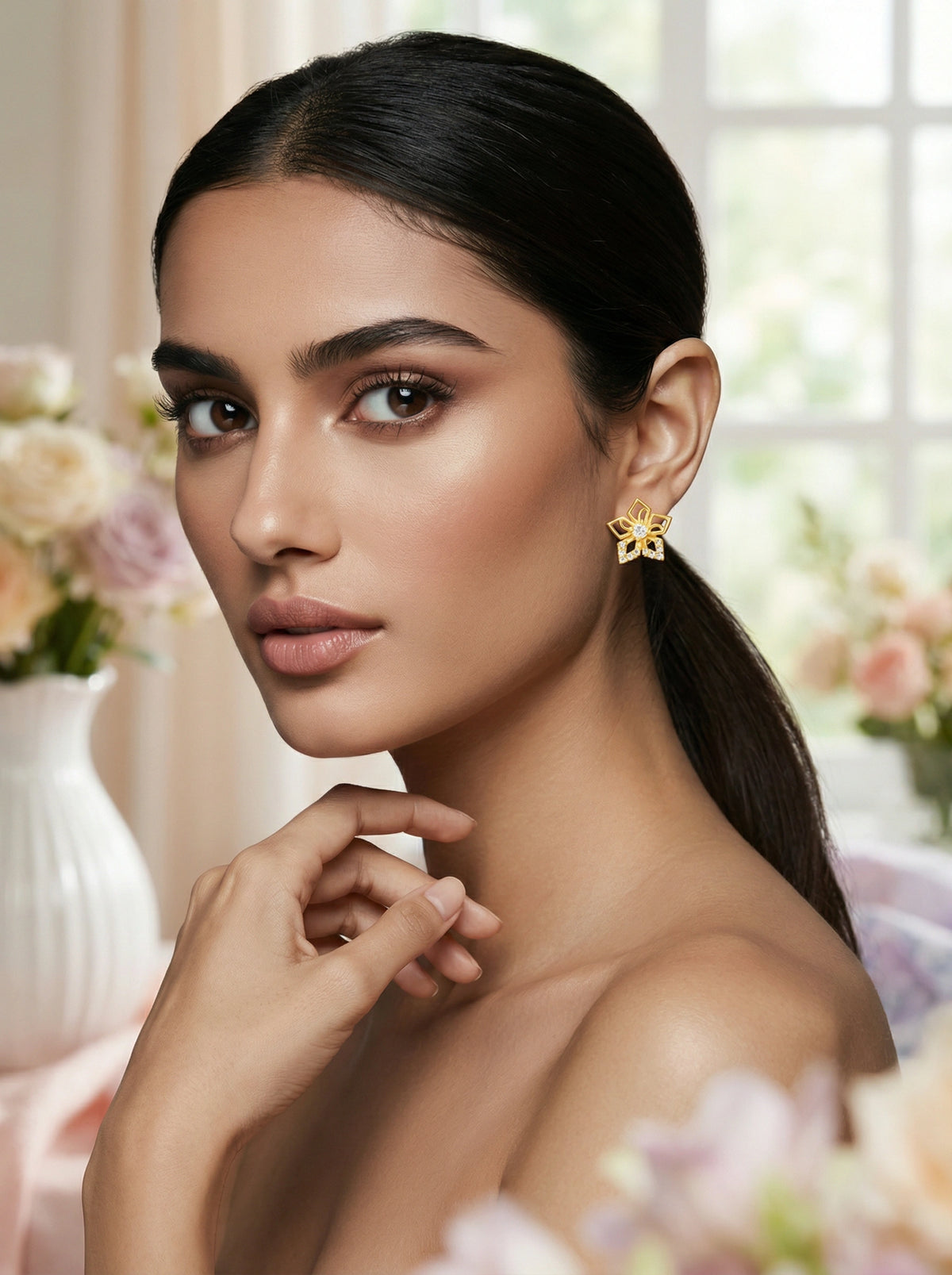 woman with elegant hair and makeup, wearing a 18k gold plated earring, in a softly blurred floral setting.