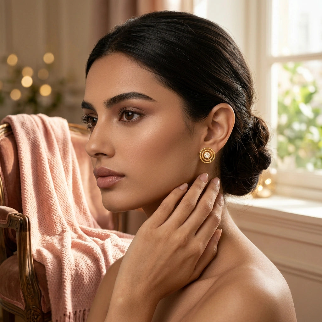 woman adjusting 18k  gold plated earrings in a softly lit room with pink towel and blurred lights.