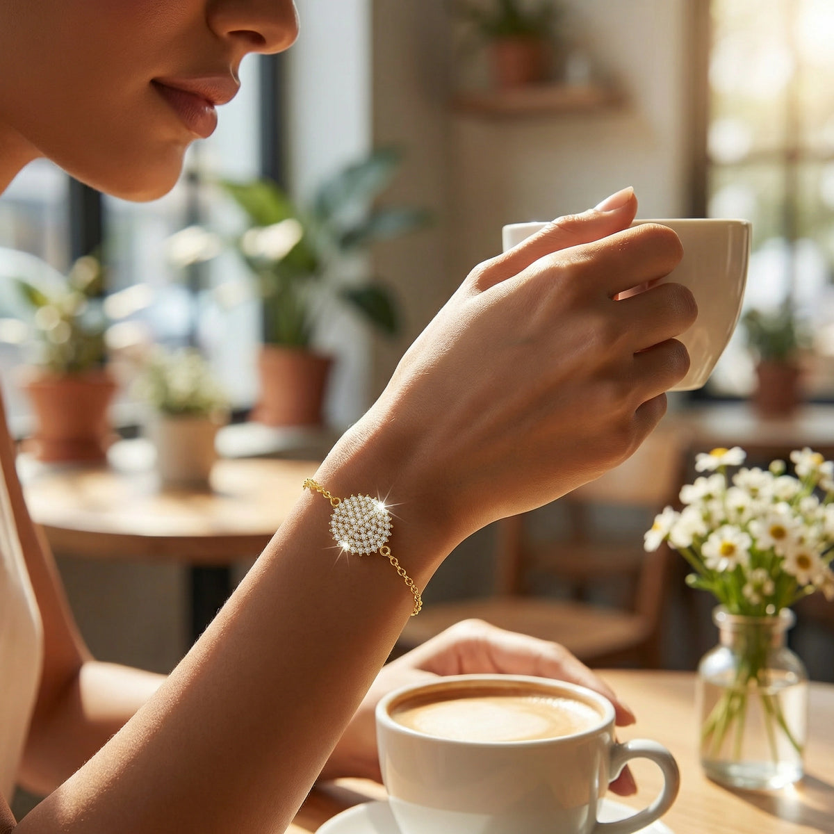wear 18k gold plated person holding a cup of coffee in a cozy cafe setting with plants and flowers.