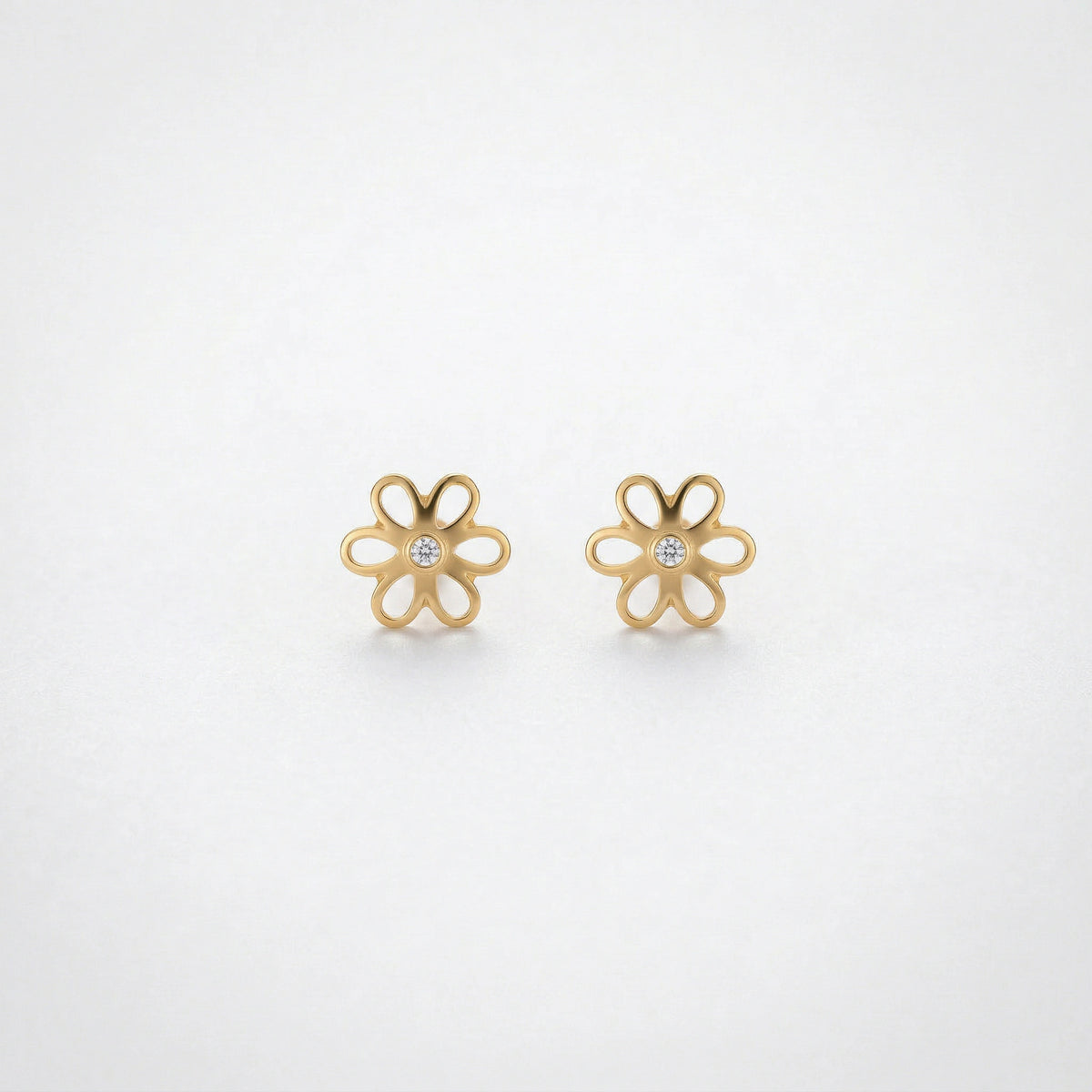 18k gold plated flower-shaped earrings on a light gray background