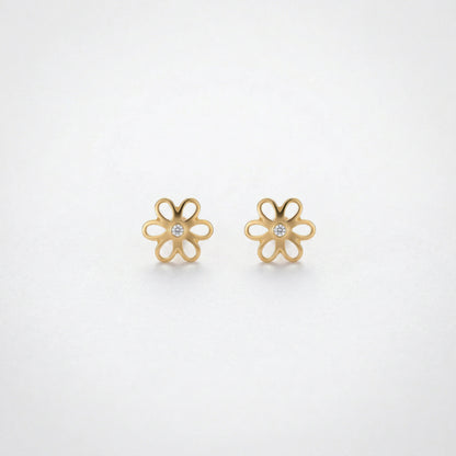 18k Gold plated flower-shaped earrings on a light gray background