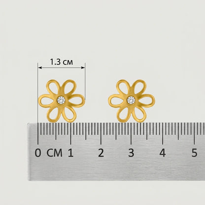 18k Gold plated flower-shaped earrings with a ruler for scale on a white background